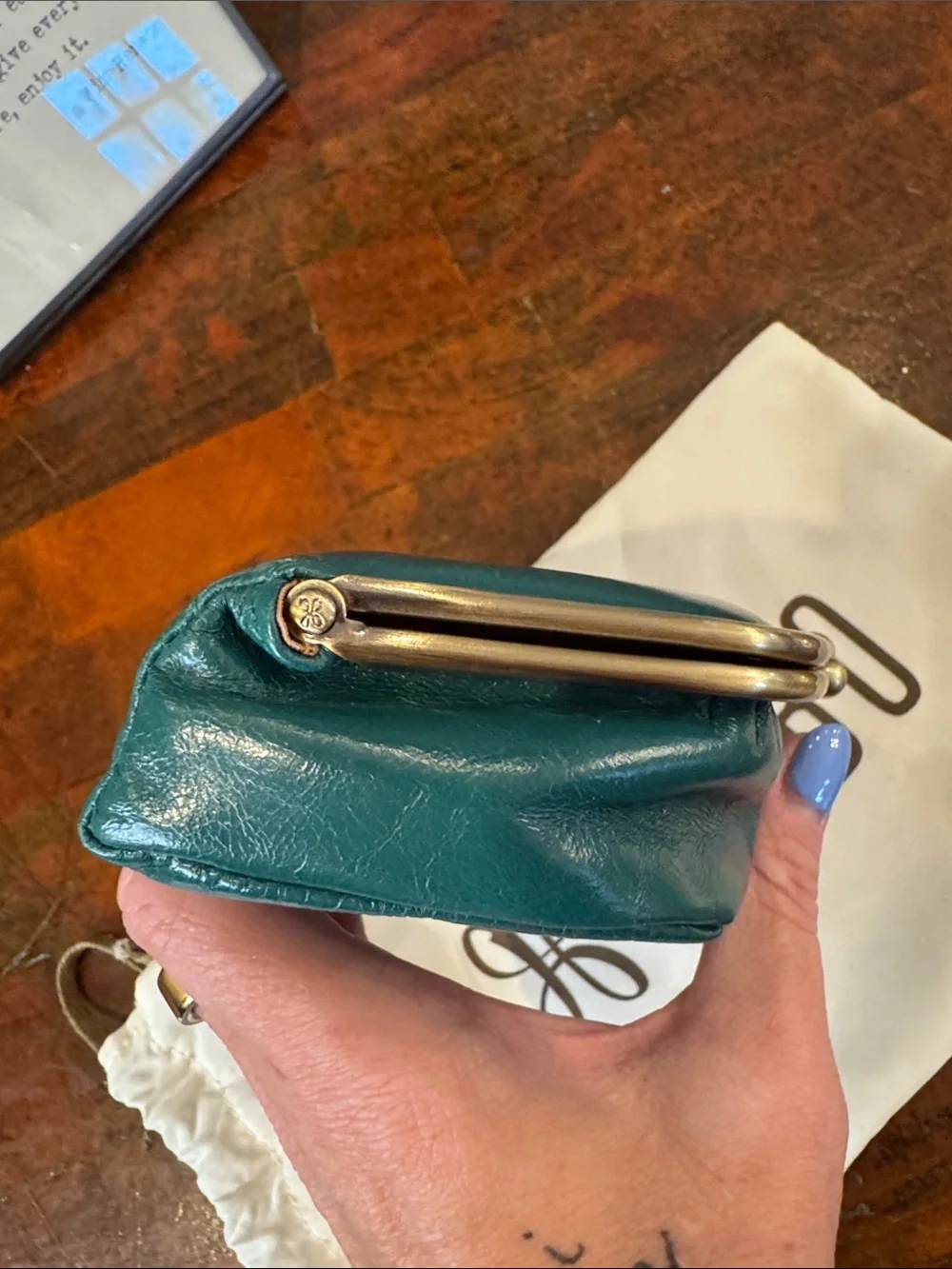 HOBO Teal Kiss-Lock Leather Clutch with Gold-Tone Frame